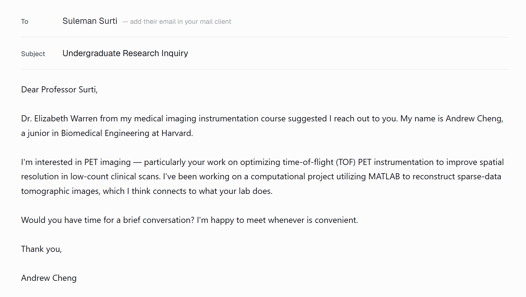 The finished outreach email, ready to send