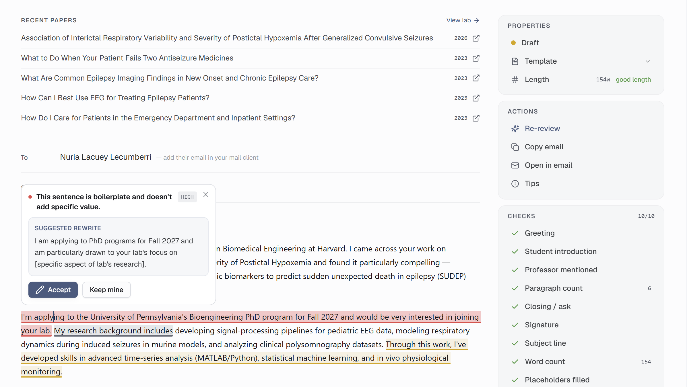 A drafted outreach email — grounded in the professor's recent papers and your profile, with claims cited