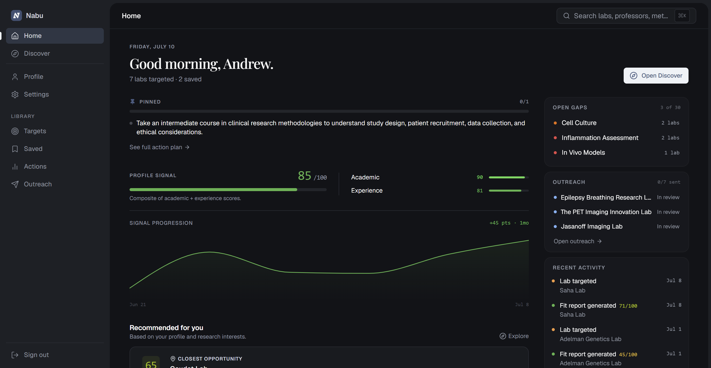 The Nabu home dashboard — targeted labs, profile signal, and recommended actions