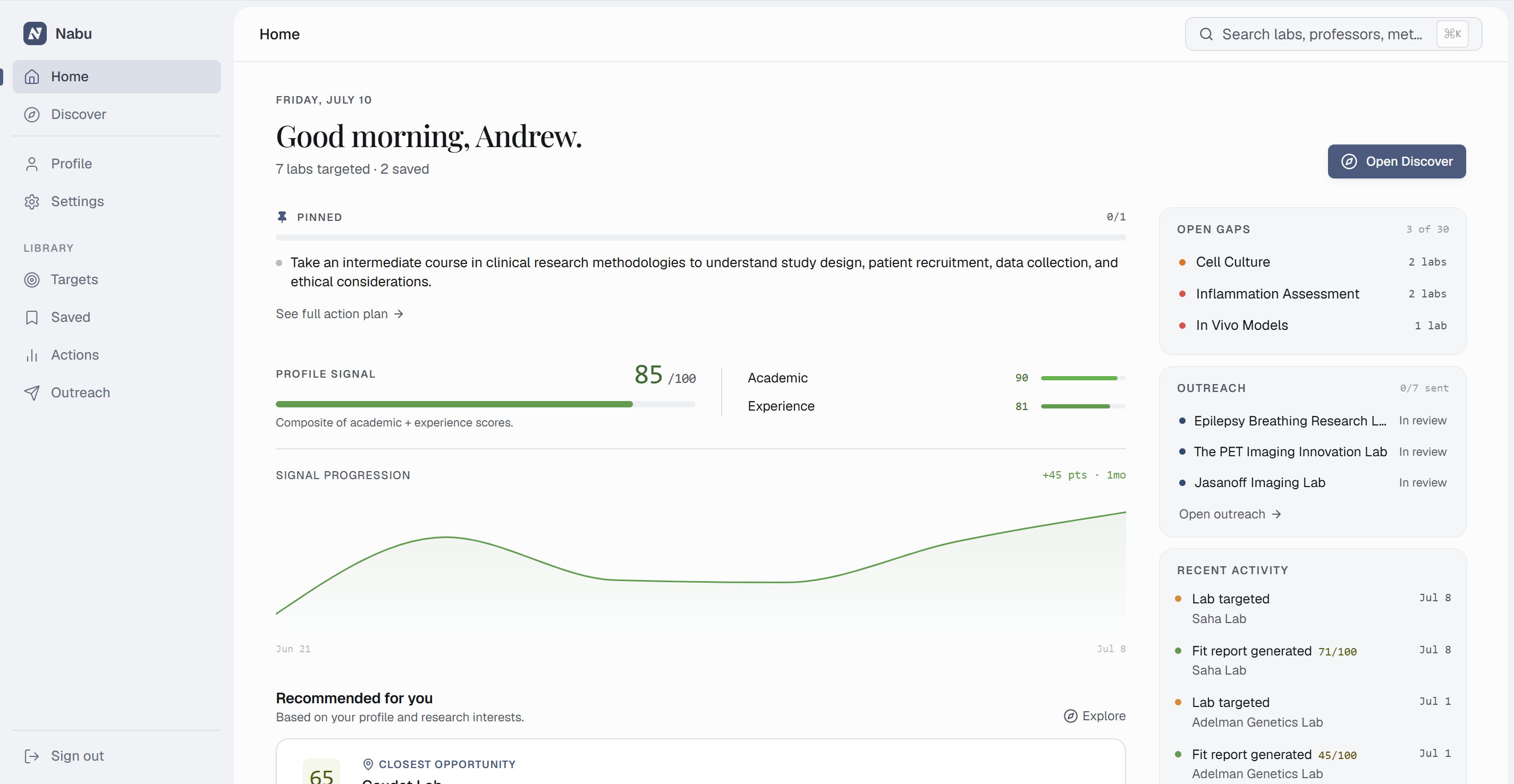 The Nabu home dashboard — targeted labs, profile signal, and recommended actions
