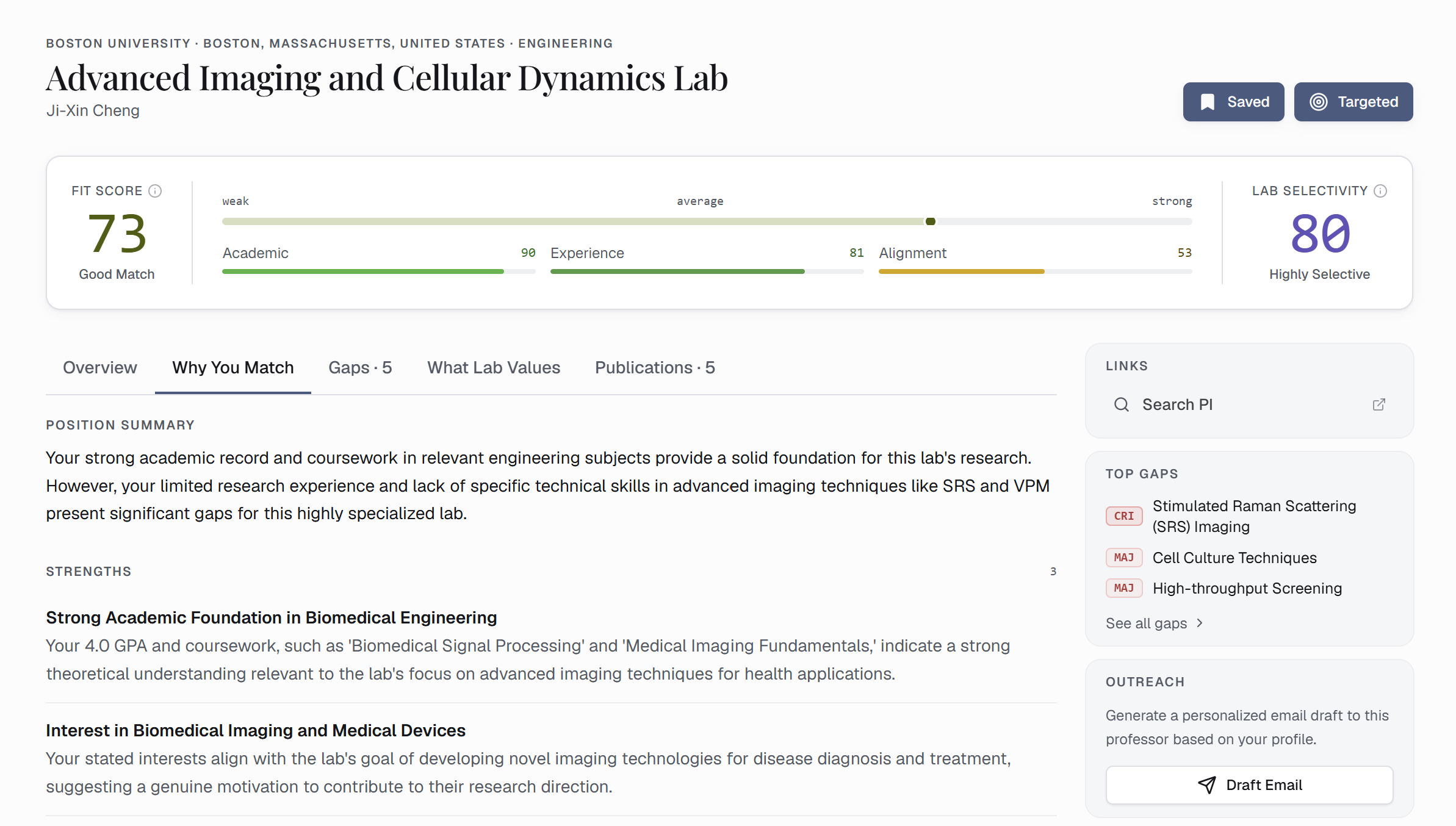 A lab's fit report — dimension scores and cited evidence explaining the match